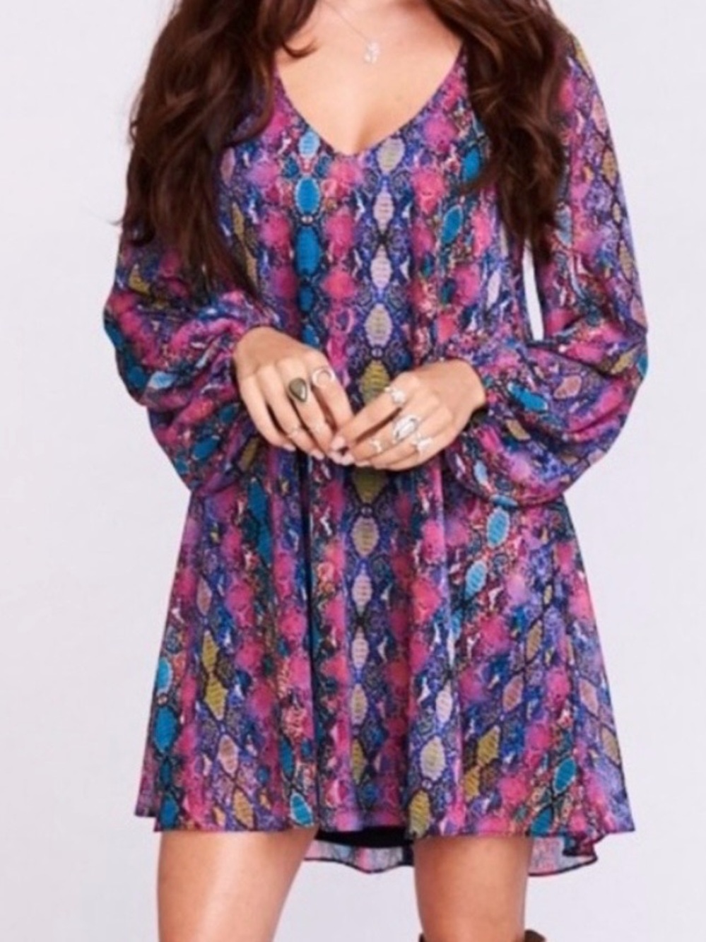 Show Me Your MuMu Pink, Blue & Purple Snake-Print V-Neck Long-Sleeve Dress